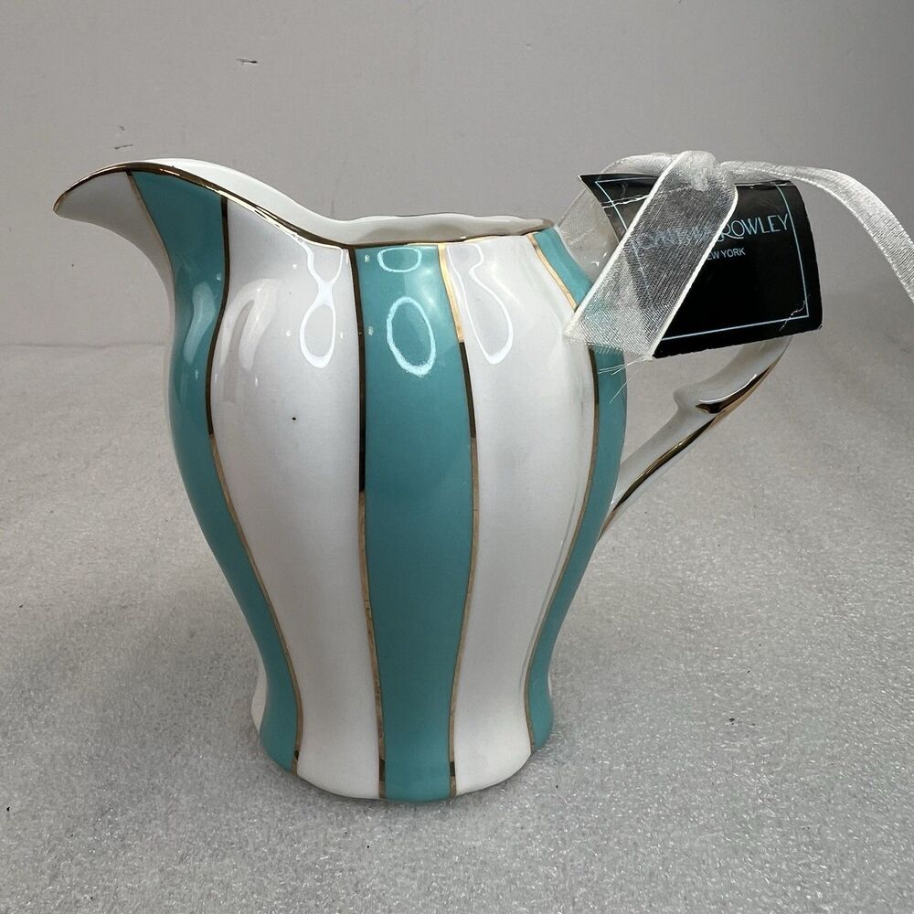 Cynthia Rowley New York Aqua Blue Candy Stripe Ceramic Creamer Gold Trim Vtg